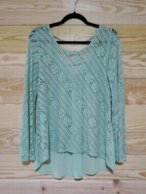 Entro Mint Green Lace Chiffon Tunic Top M Boho Bell Sleeve Sheer Strappy Fairy